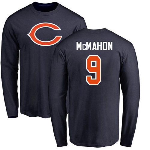 Chicago Bears Men Navy Blue Jim McMahon Name and Number Logo NFL Football #9 Long Sleeve T Shirt->nfl t-shirts->Sports Accessory